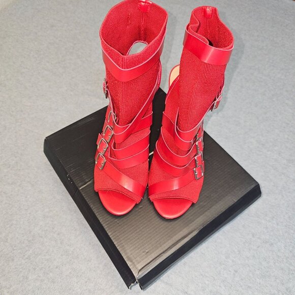 Nicole Miller Red Strappy Open-Toe Ankle Boot Heels Size 9 - Picture 1 of 10